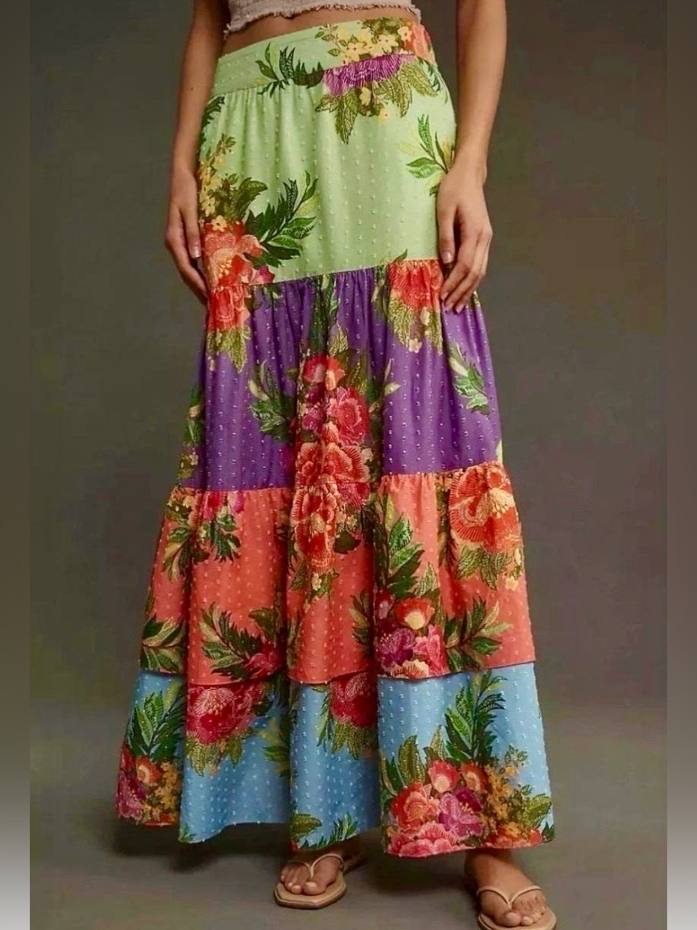 FARM Rio Boho Floral Tiered Ruffle Maxi Skirt Sz M